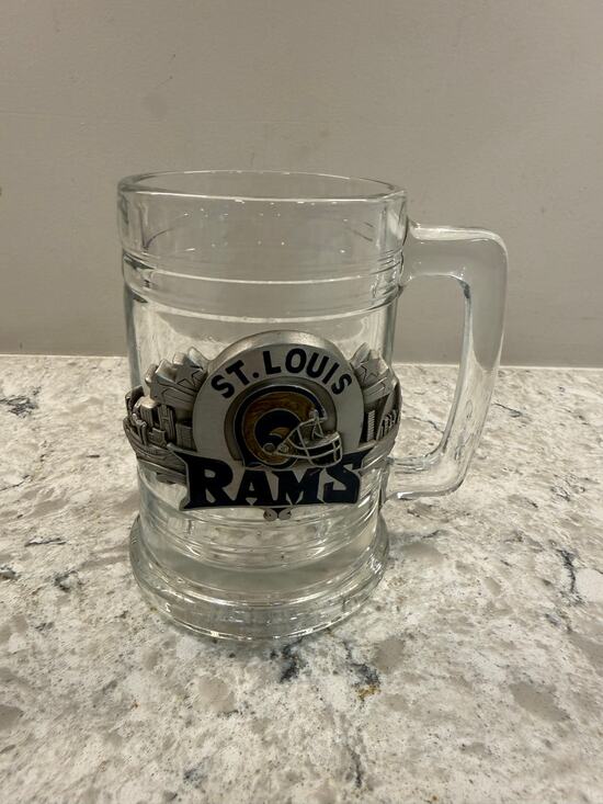 NFL Other - ST. LOUIS RAMS Heavy Glass Beer Mug Stein 3D Pewter Emblem NFL
